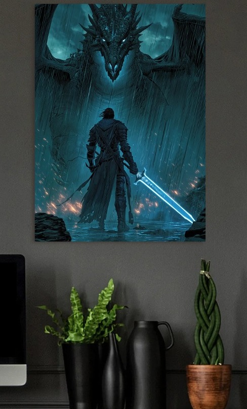 Rainfall Reckoning Blade Against the Beast — metal poster wall art by Lineer